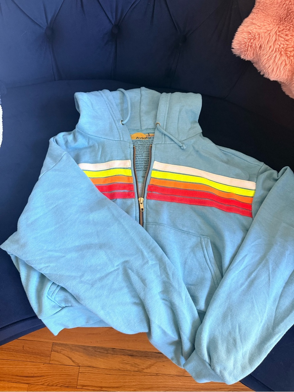 Aviator Nation Sky Blue Zip-Up Hoodie with Retro Rainbow Stripes